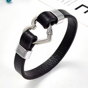 Heart Black Leather Bracelet for Men and Women